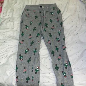 gray christmas joggers with festive cactuses!